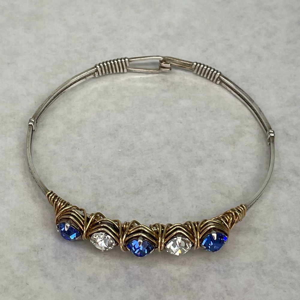 Custom Silver and Gold wire Bracelet with Blue and crystal stones.